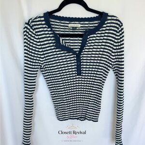 American Eagle Navy Stripe Pointelle Henley Knit Top Long Sleeve Scallop Size M